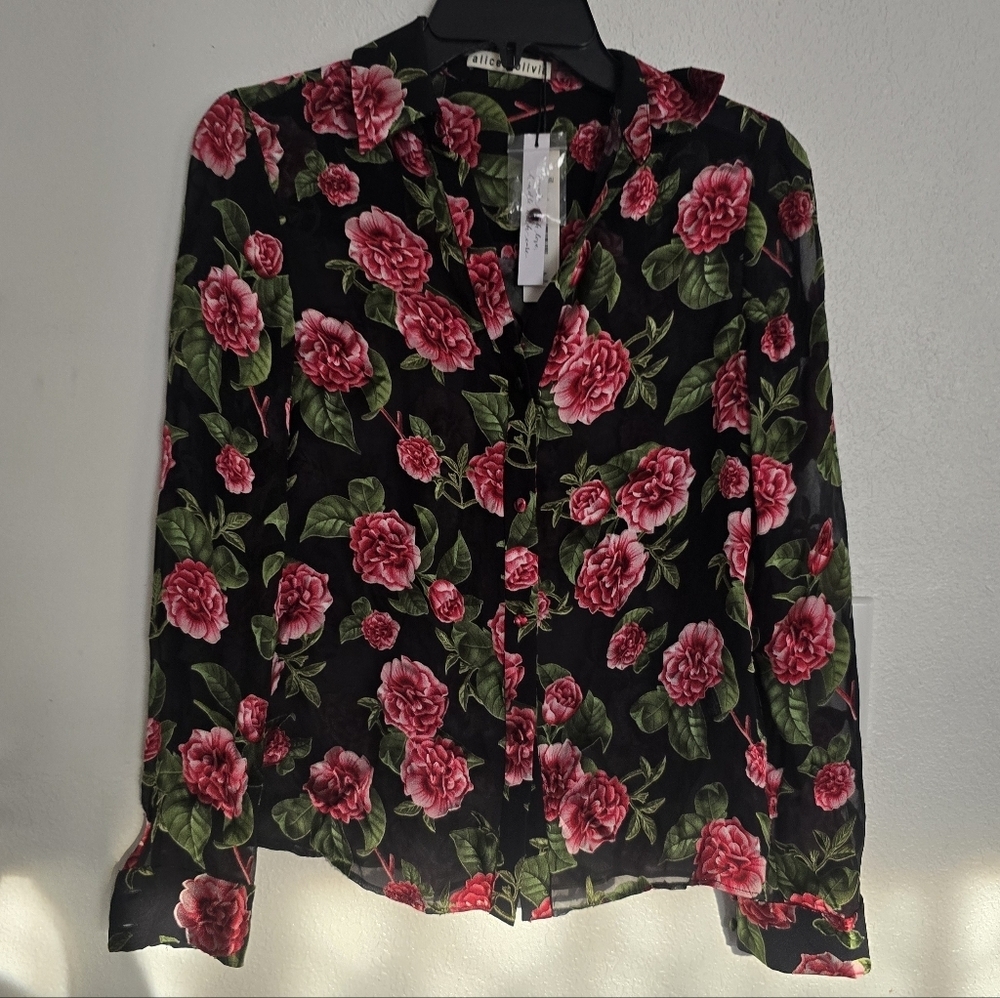 Alice and Olivia Eloise Floral Button Down Sheer Blouse Size XS - Picture 10 of 12